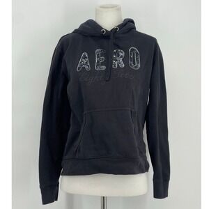 Aeropostale Black Hoodie Sequin Logo Kangaroo Pocket Size Medium Y2K Skater